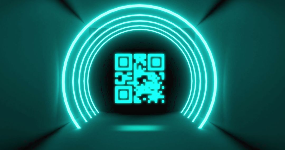 Futuristic QR Code with Neon Light Circles in Tunnel