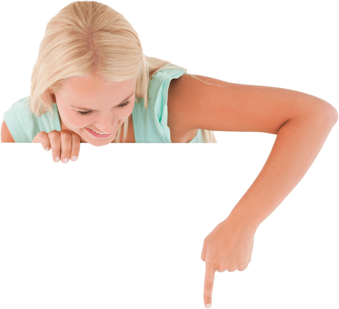 Cheerful Blonde Woman Pointing to Transparent Copy Space