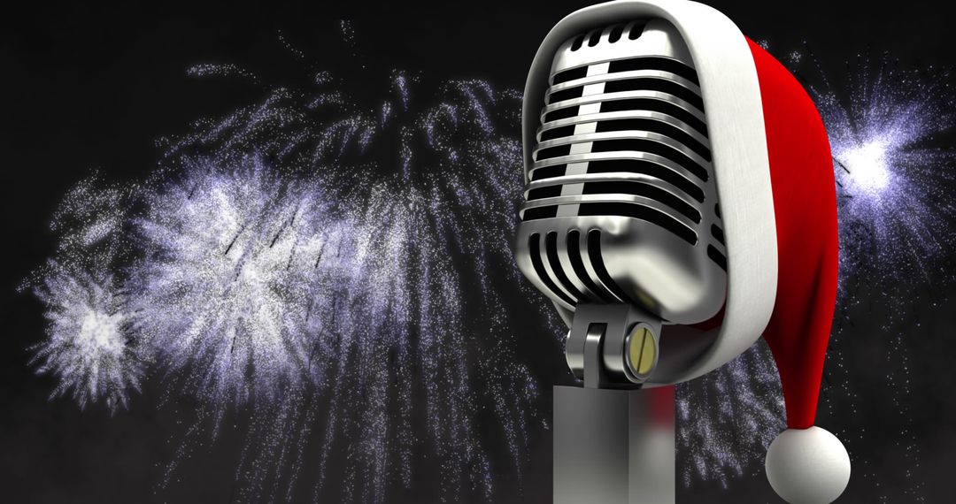 Santa Hat on Retro Microphone with New Year Fireworks