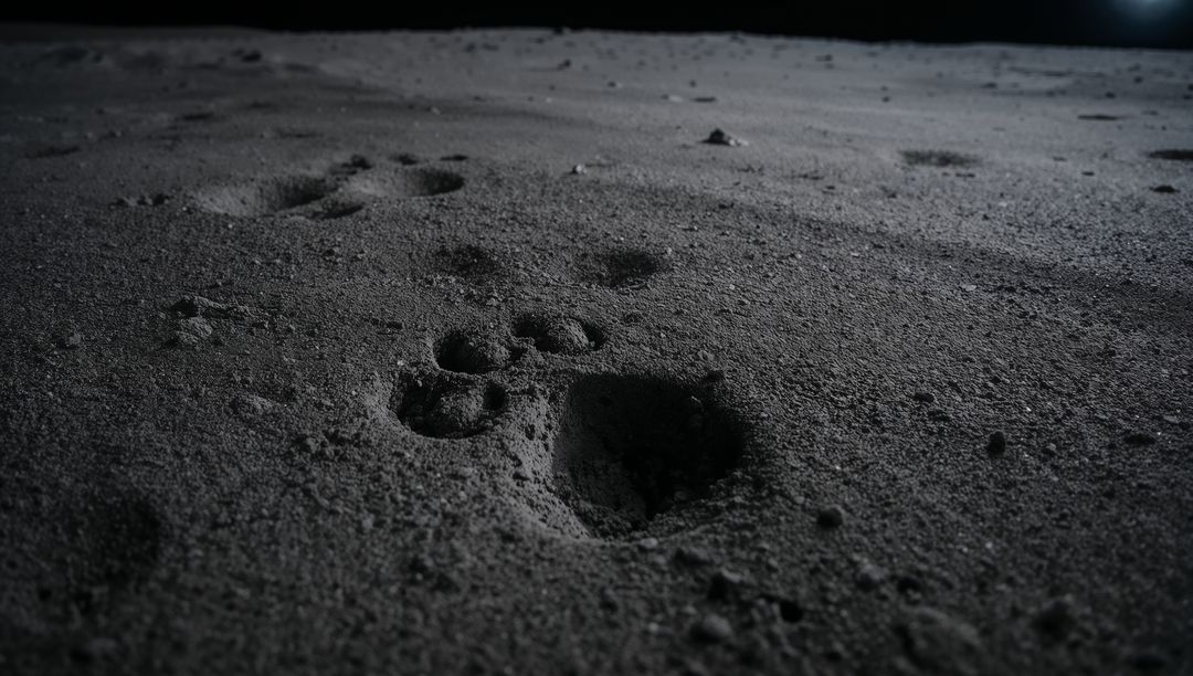Rectangular footprint casting deep shadow on granular moonlike sand with paw tracks