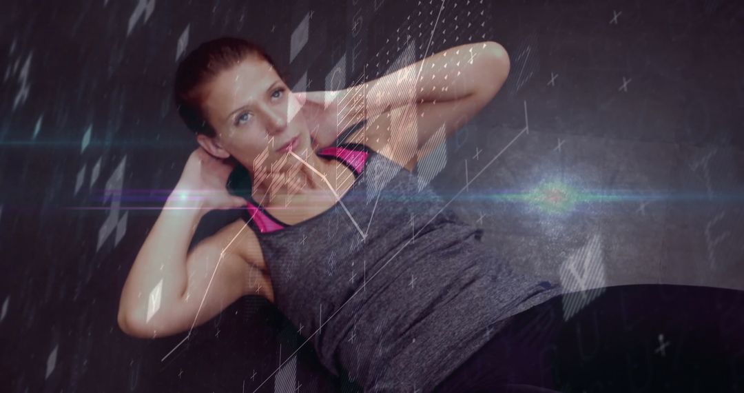 Athletic Woman Performing Ab Workout with Digital Interface