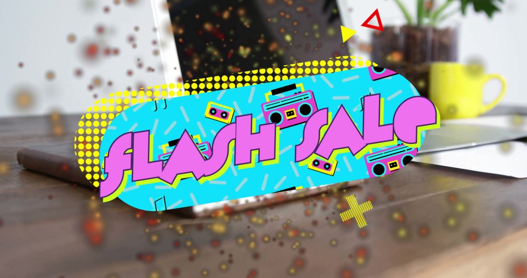 Colorful Flash Sale Banner Hovering Over Workspace Scene