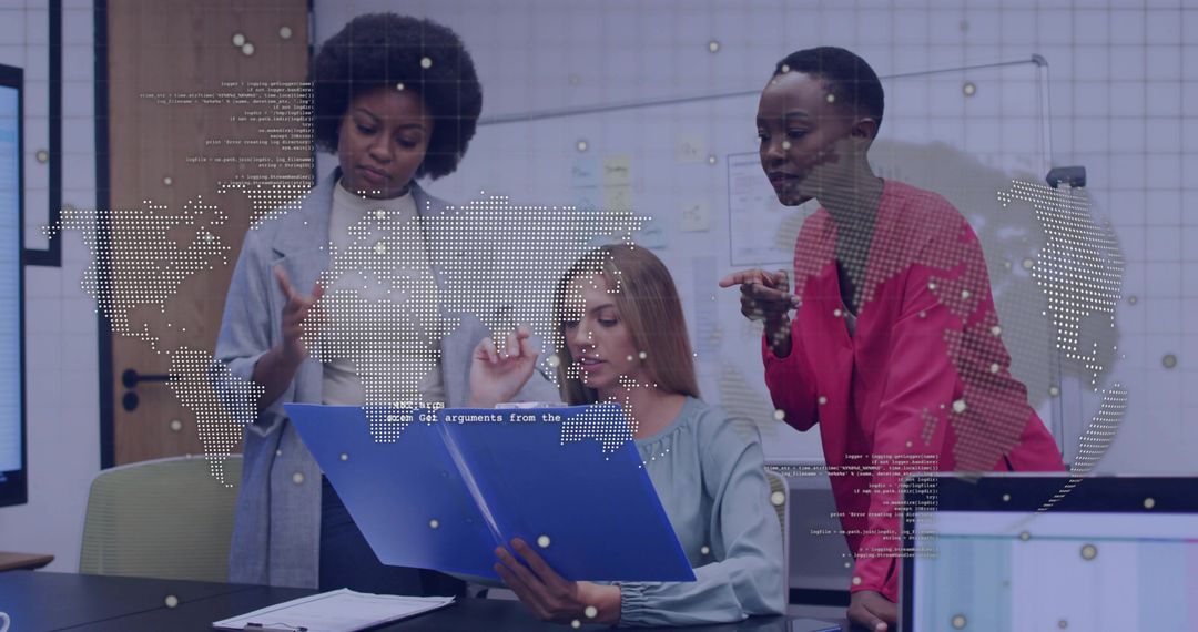 Diverse Team Collaborating with Global Data Overlay