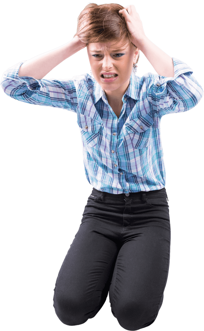 Stressed Woman Holding Head in Transparent Background