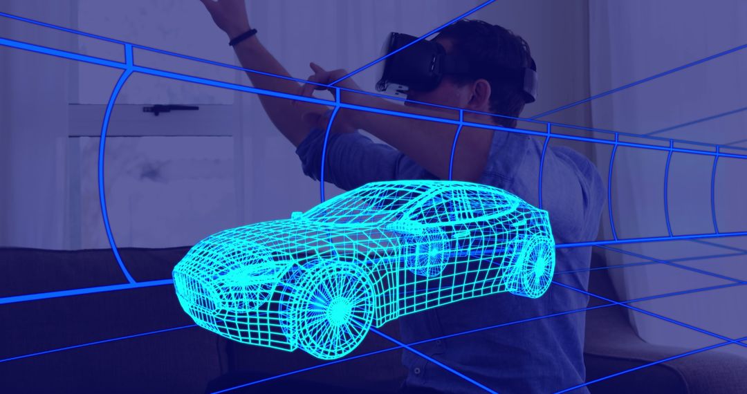 Man Engaged with Futuristic Car Design Through Virtual Reality