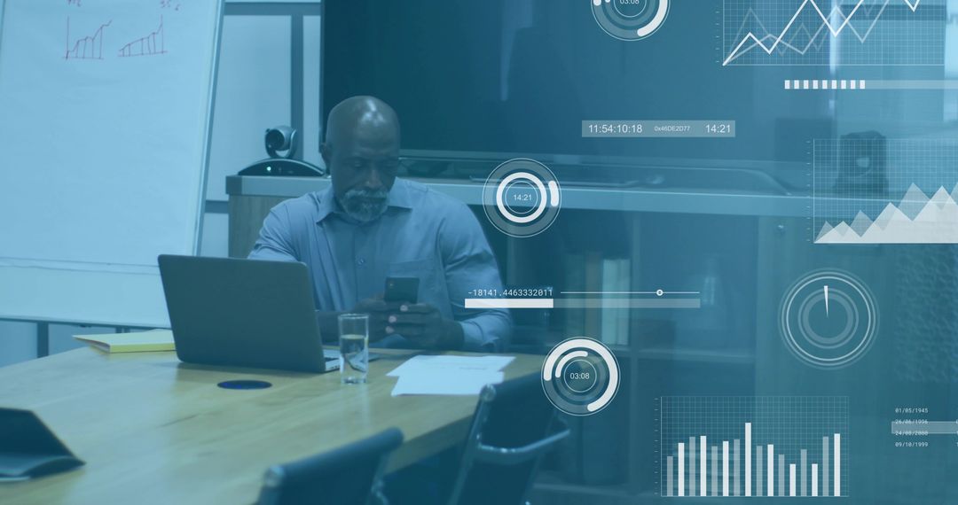 Executive checking phone and reviewing laptop in boardroom with digital analytics overlays