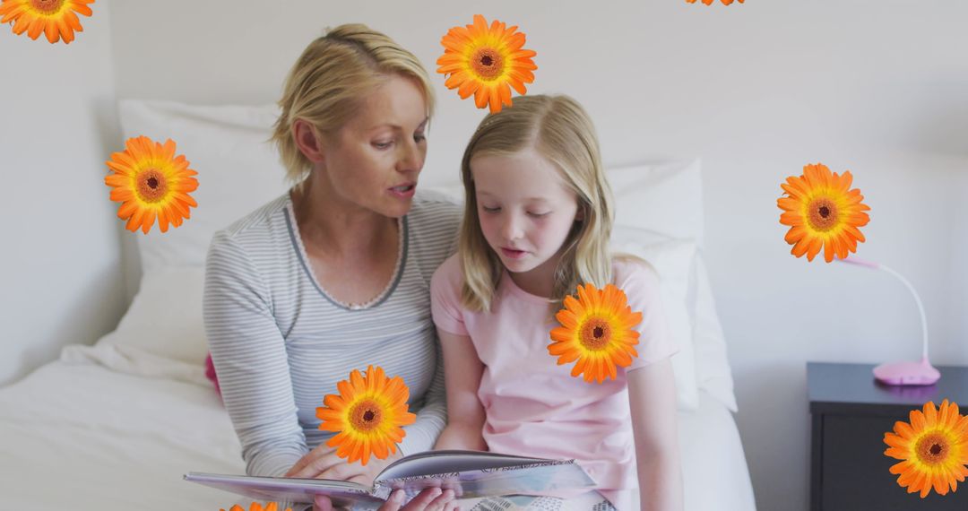 Mother Reading Bedtime Story to Daughter Surrounded by Gerbera Flowers - Free Images, Stock Photos and Pictures on Pikwizard.com