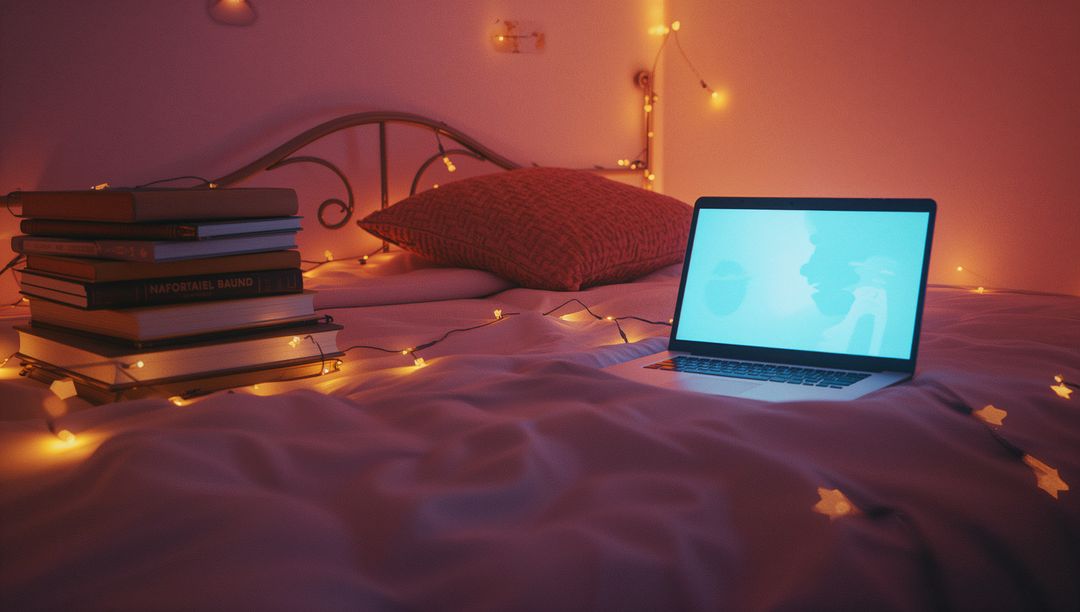 Cozy Bedroom Relaxation with Laptop and Books by String Lights