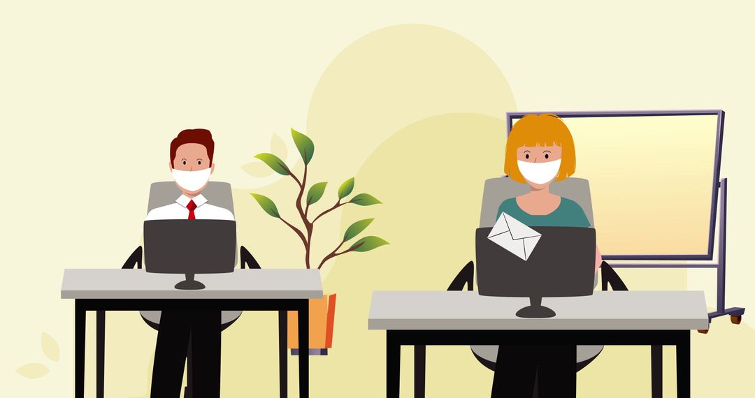 Office Workers in Masks Practicing Social Distancing