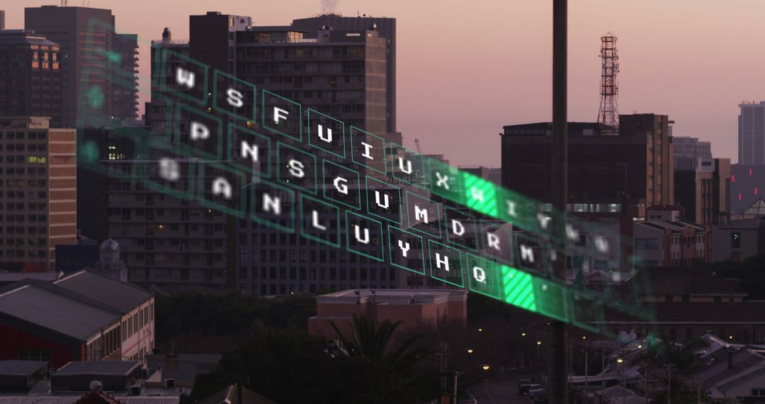 Digital Data Processing Above Urban Cityscape at Dusk
