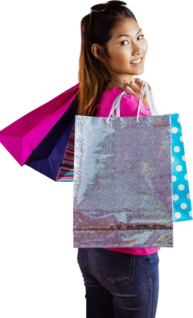 Smiling Asian Woman with Shopping Bags on Transparent Background - Download Free Stock Images Pikwizard.com