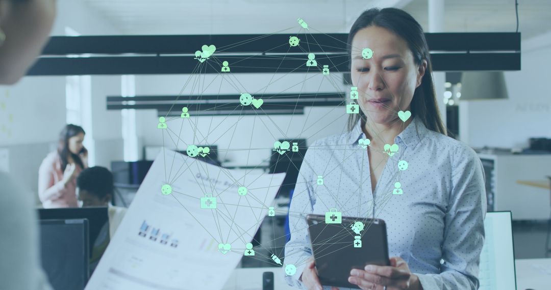 Businesswoman Collaborating in Sleek Modern Office with Digital Network Overlay