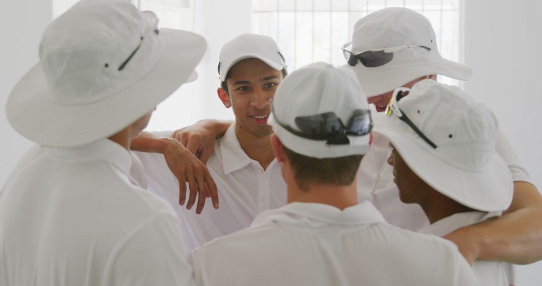 Cricket Team Huddle Discussing Strategy Before Game - Free Images, Stock Photos and Pictures on Pikwizard.com