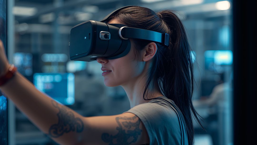 Female Developer Using VR Headset in Modern Technology Lab