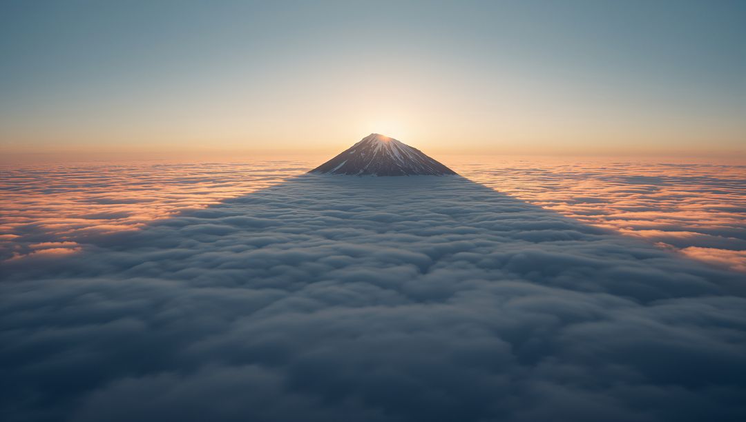 Majestic Volcanic Peak at Sunrise Above Clouds Creating Epic Shadow