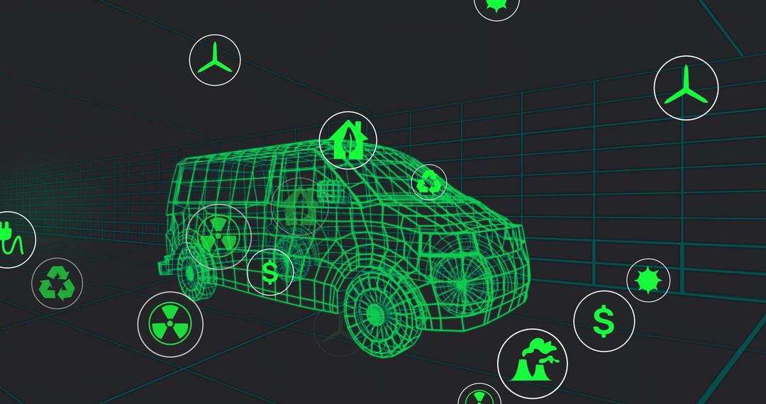 Eco-Friendly Green Wireframe Van in Digital Grid Tunnel with Energy Symbols