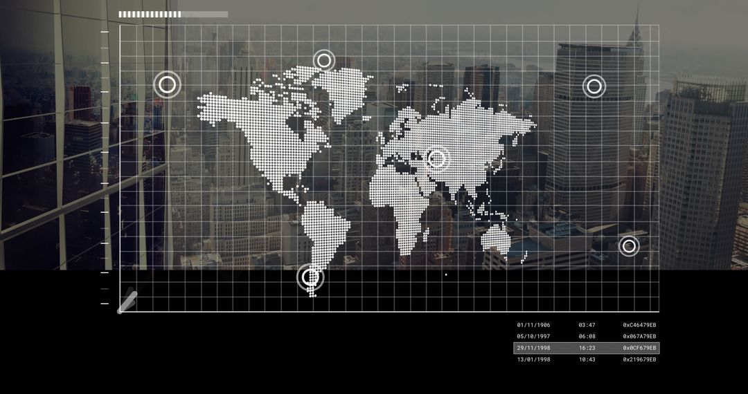 World Map Overlay on Cityscape with Cyber Data Interface