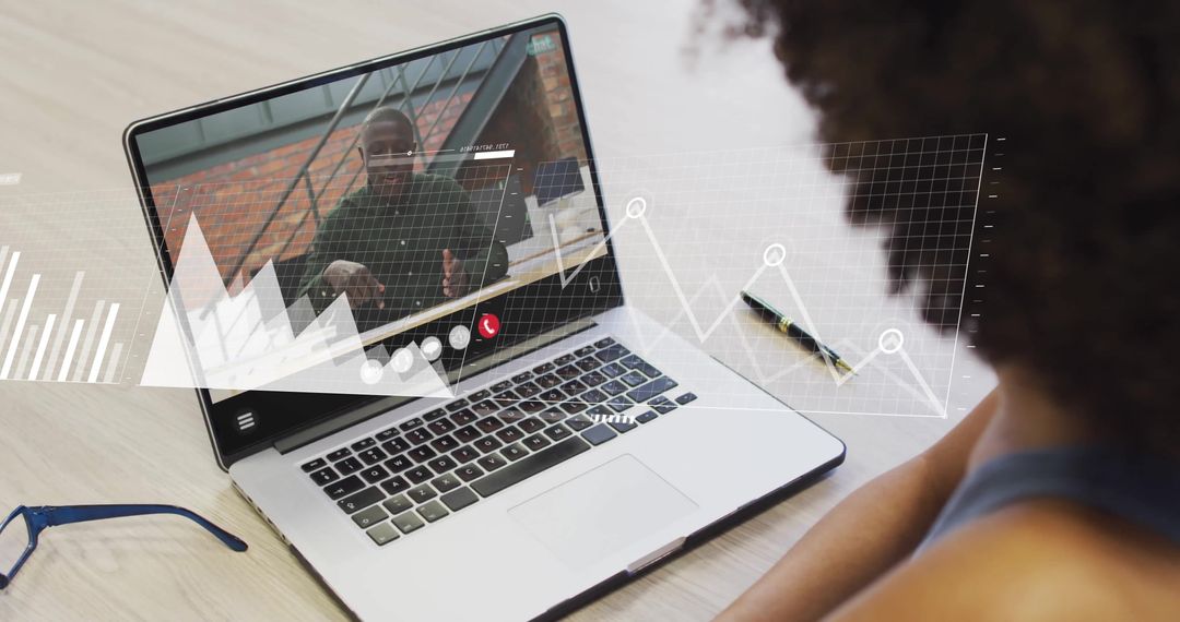 Diverse Colleagues Videocall with Data Overlay and Trend Analysis