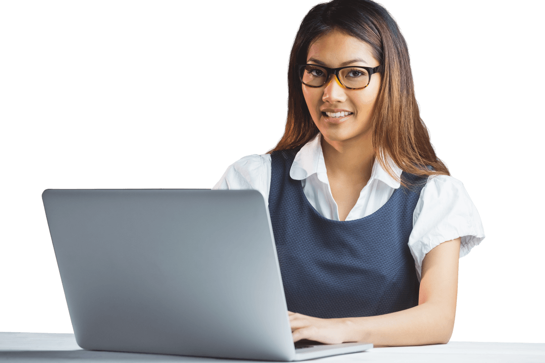 Transparent Businesswoman Smiling While Using Laptop