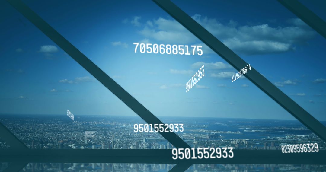 Digital Numbers Overlay on Cityscape Featuring Data Processing