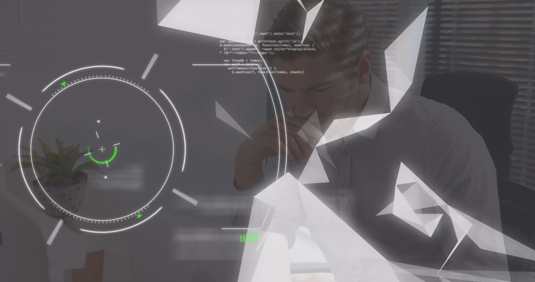 Futuristic Business Workspace with Data Analytics Overlay