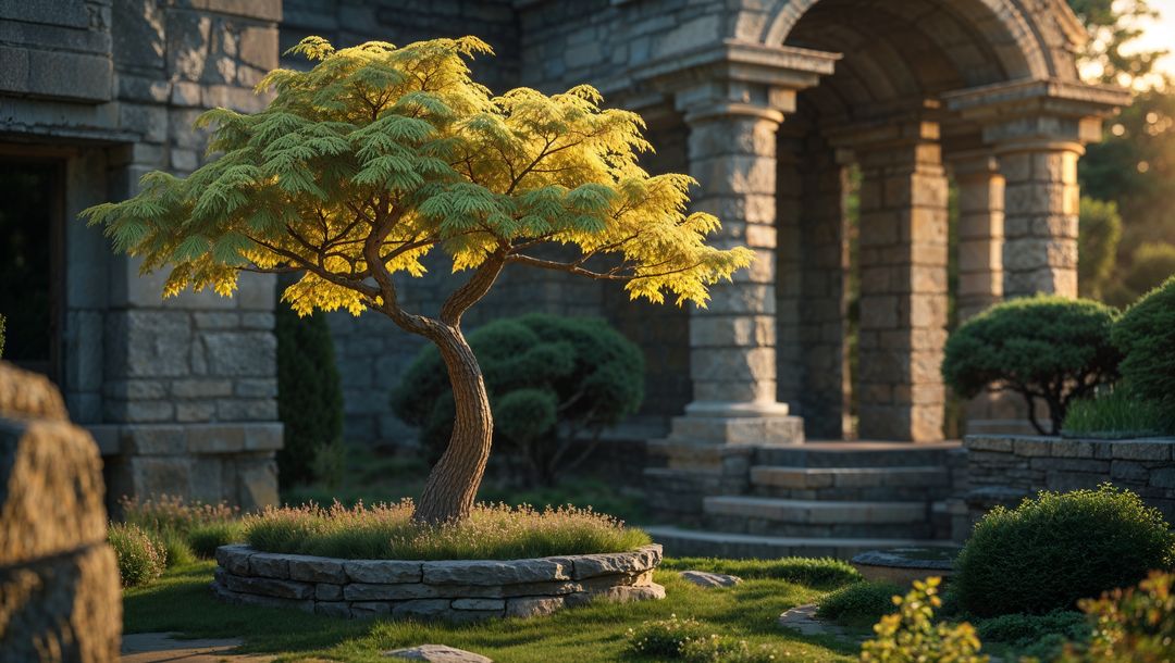 Ornamental Tree in Courtyard with Stone Columns