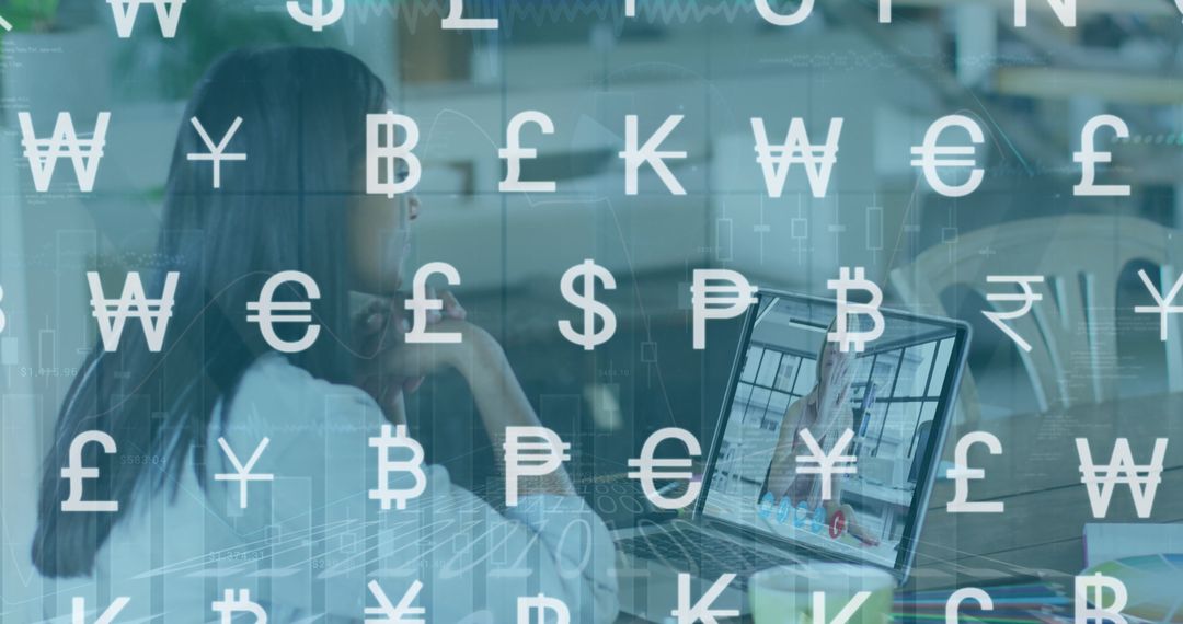 Businesswoman Working on Financial Data with Currency Overlay