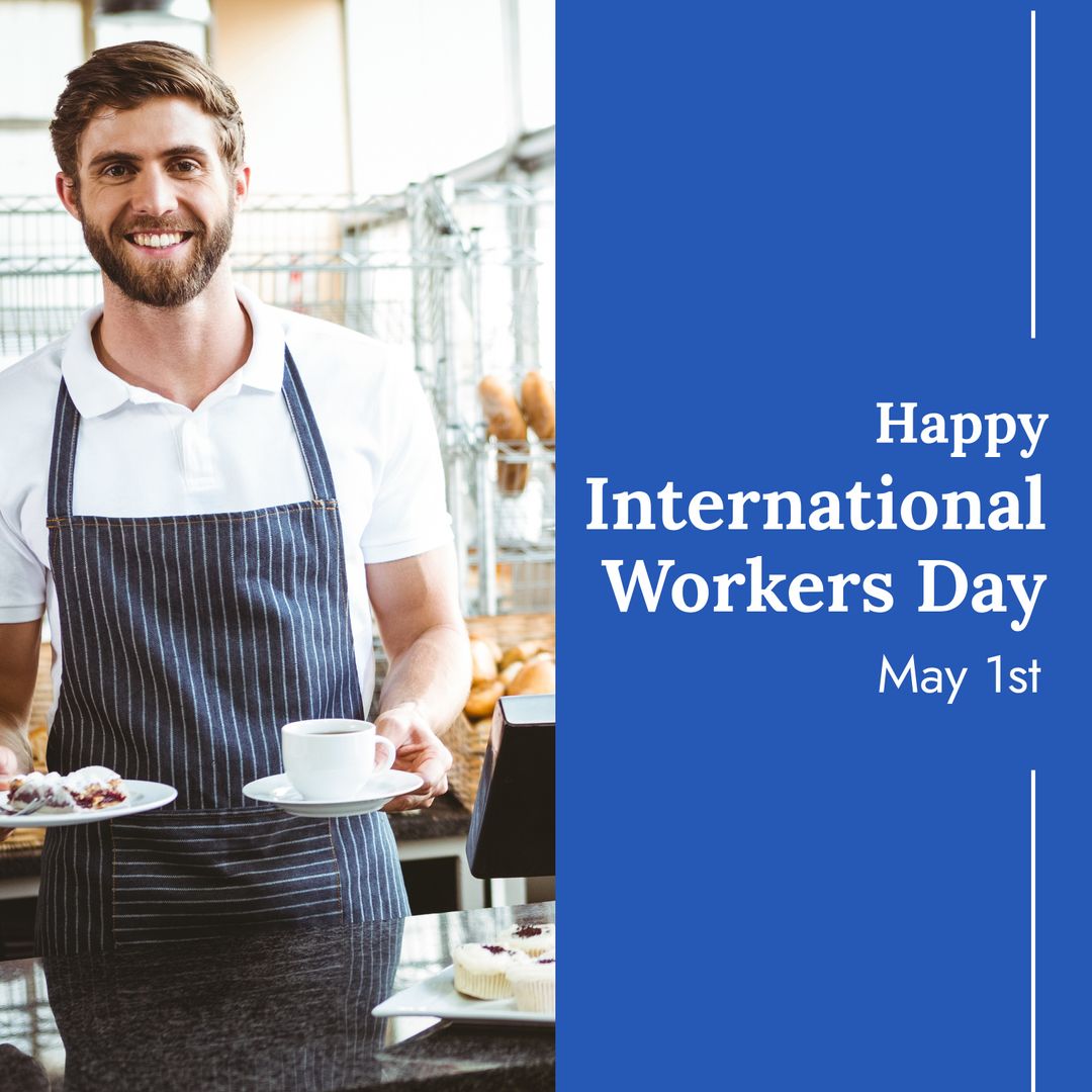 Coffee Shop Worker Serving with Tulip Being International Workers' Day Banner