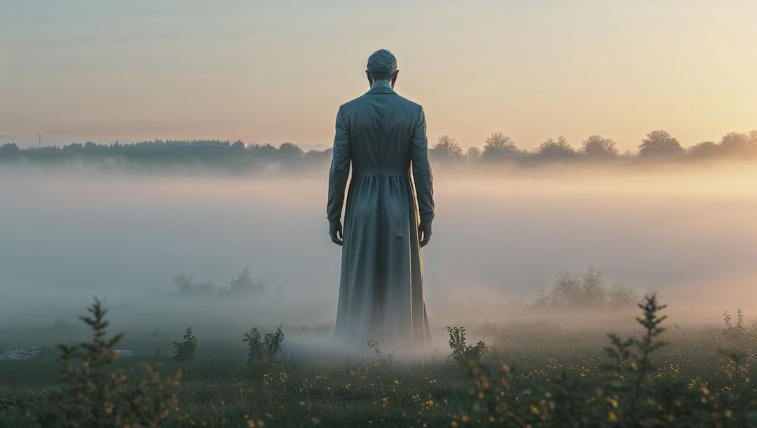 Solitary Figure in Misty Meadow at Dawn Exuding Mystical Tranquility