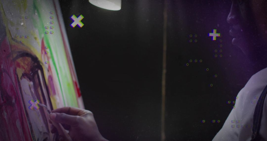 Artist in Apron Painting on Canvas with Digital Overlays