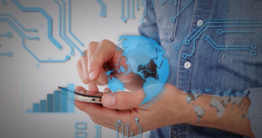 Caucasian Businessman Engaging with Futuristic Smartphone Interface