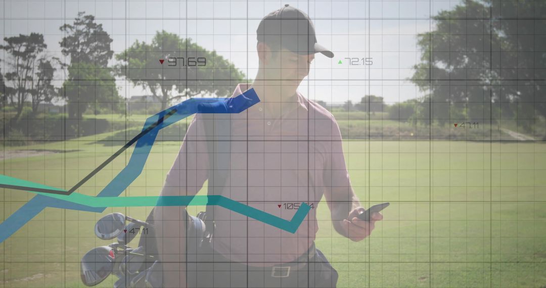 Golfer Analyzing Smartphone Data on Fairway with Graph Overlay