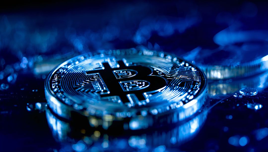 Shiny Bitcoin with Water Droplets Symbolizing Digital Financial Revolution