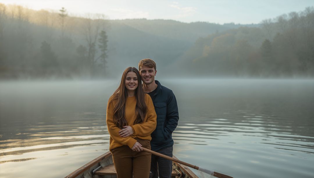 Couple standing in rowboat on misty lake at dawn wearing mustard sweater holding oar