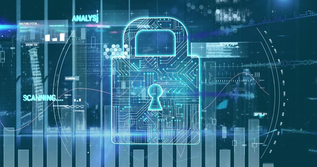 Futuristic Digital Lock Icon with Data Processing Elements