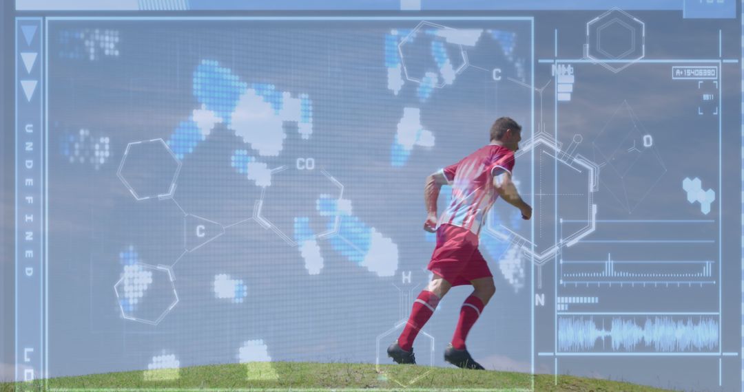 Soccer Player Amidst Tech Interface Illustrating Performance Data