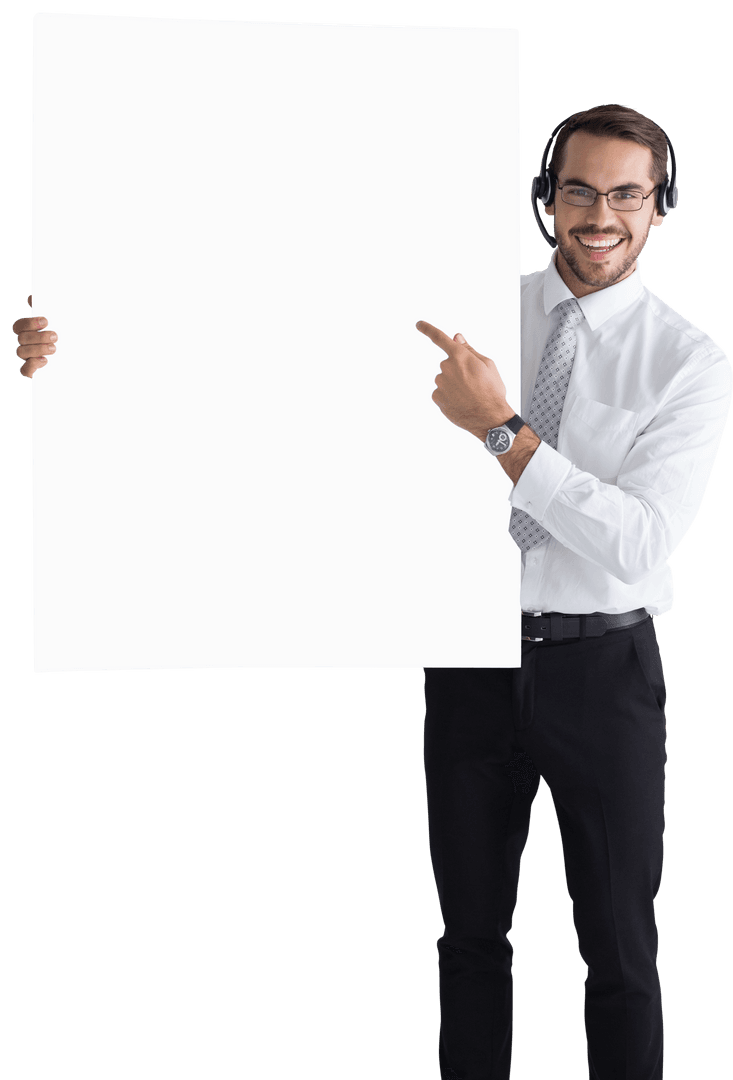 Businessman Holding Transparent Sign and Smiling