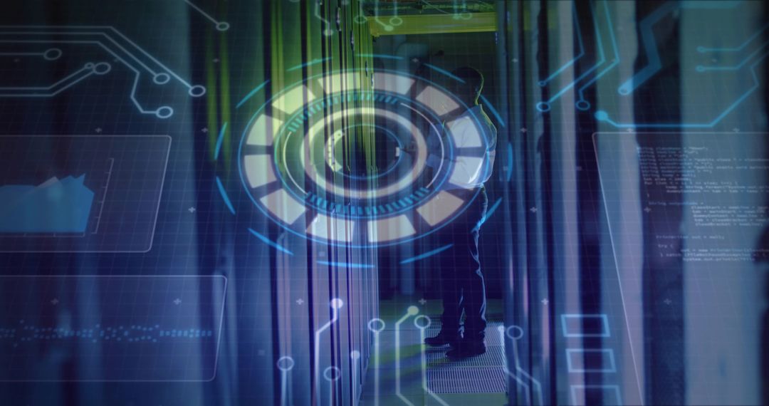Datacenter Technician Inspecting Server Racks with Futuristic HUD Overlay, Circuitry