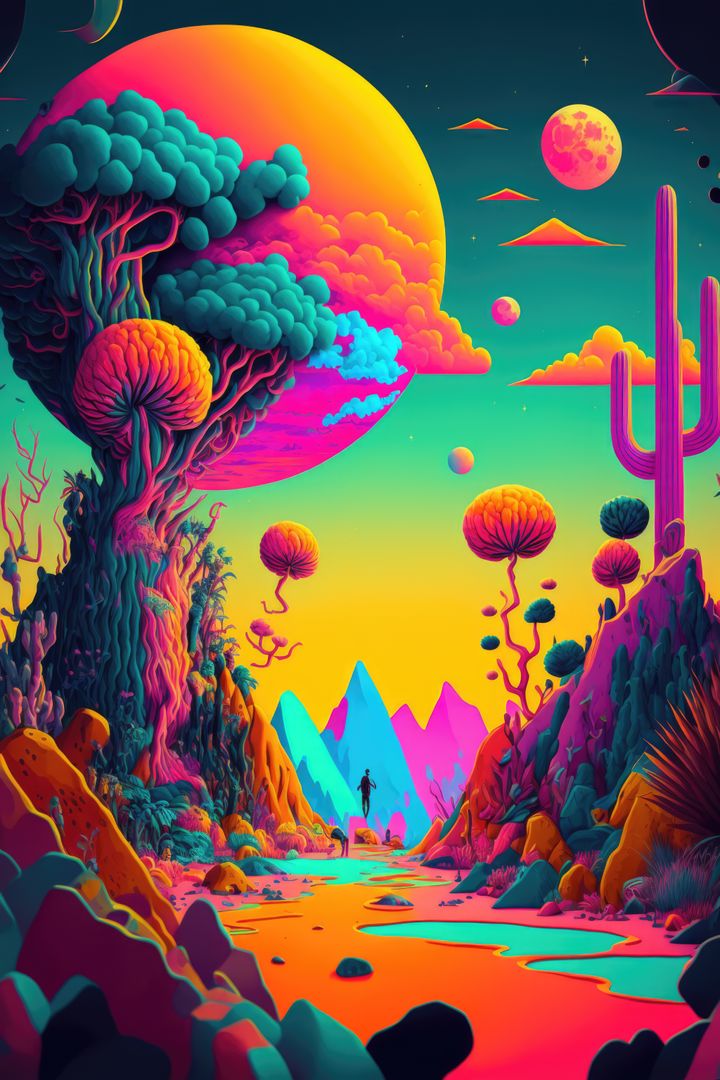 Surreal Landscape with Colorful Alien Flora Under Vibrant Sunset Skyline - Free Images, Stock Photos and Pictures on Pikwizard.com