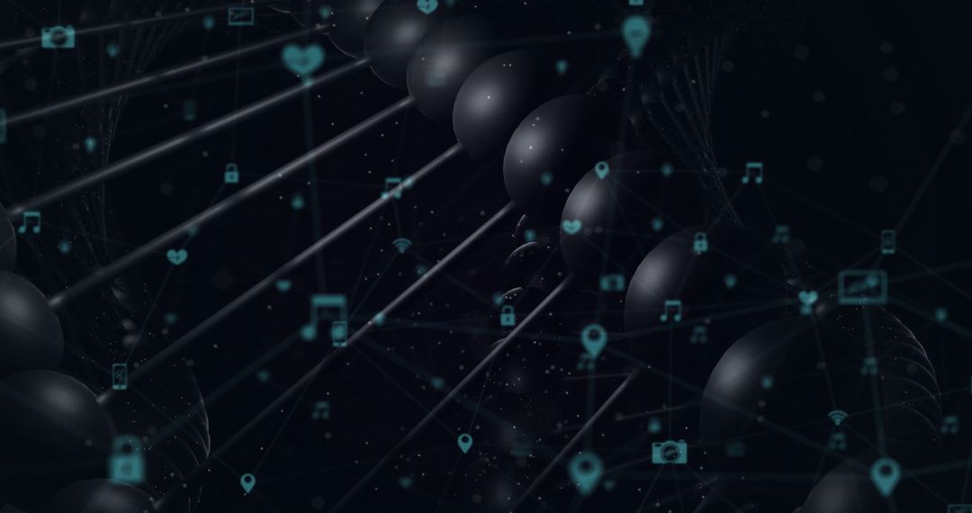 Abstract Digital Network with Technology Icons and Glossy Sphere Chain