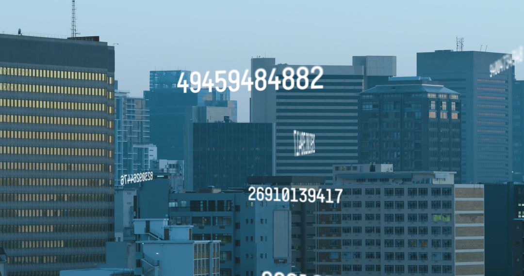 Digital Numbers Overlay on Urban Cityscape Skyline