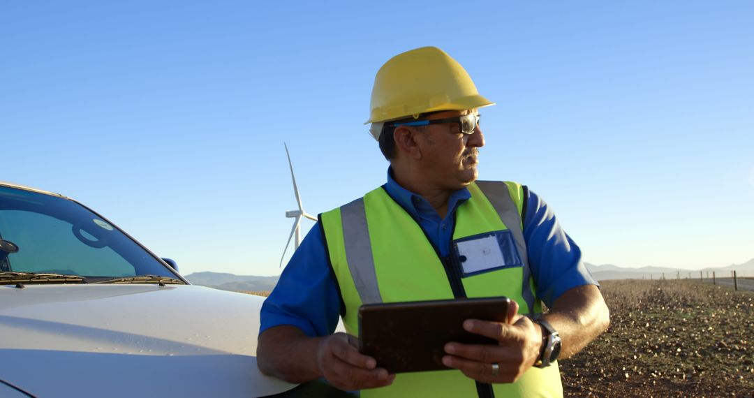 Engineer Inspecting Wind Turbine with Tablet in Hand on Wind Farm - Free Images, Stock Photos and Pictures on Pikwizard.com