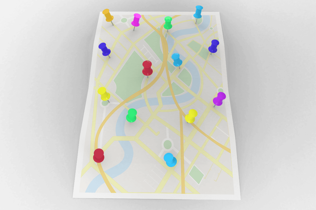 Colorful Pins on Digital Map Graphic with Transparent Background