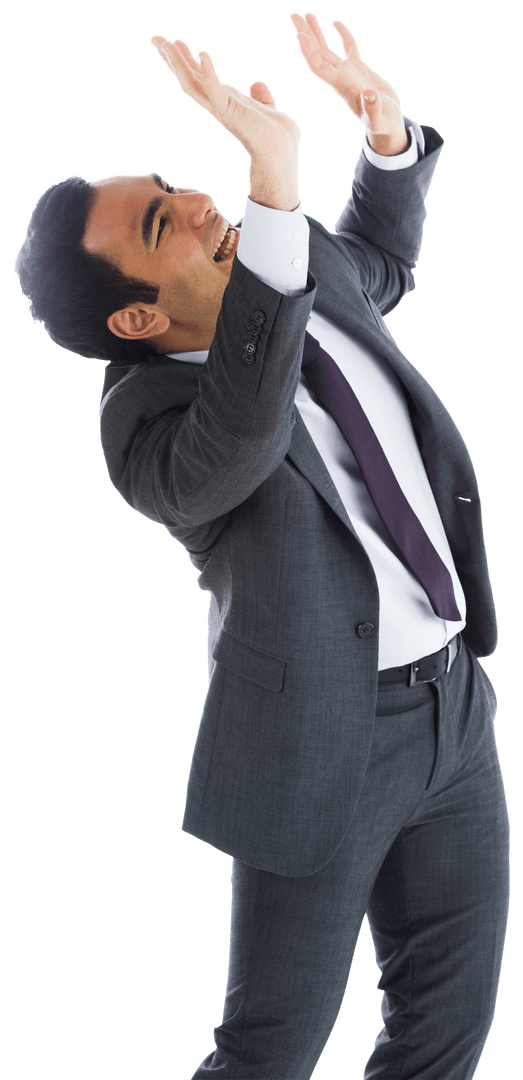 Transparent Businessman Expressing Shock with Arms Raised