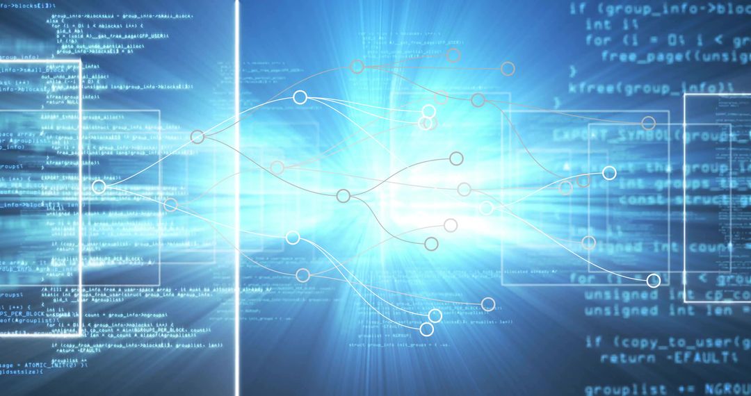 Glowing Network Map with Data Nodes and Cyber Code Display