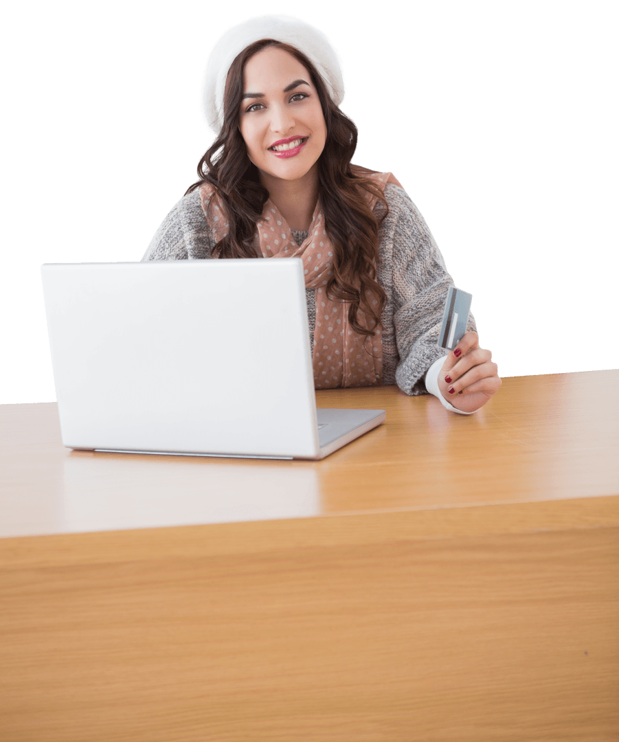 Smiling Woman Shopping Online with Laptop on Transparent Background