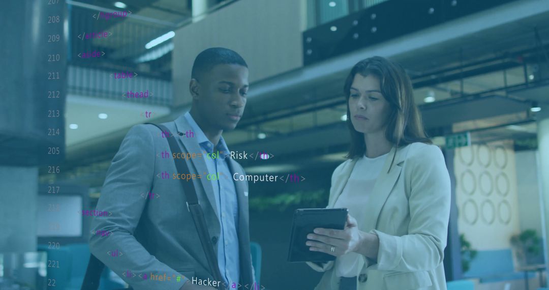 Professional Team Analyzing Code on Tablet in Modern Office