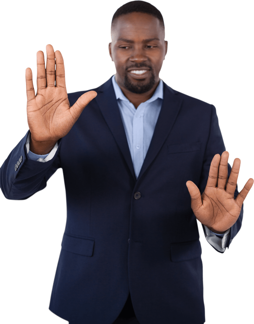 Smiling Businessman Interacting with Transparent Screen