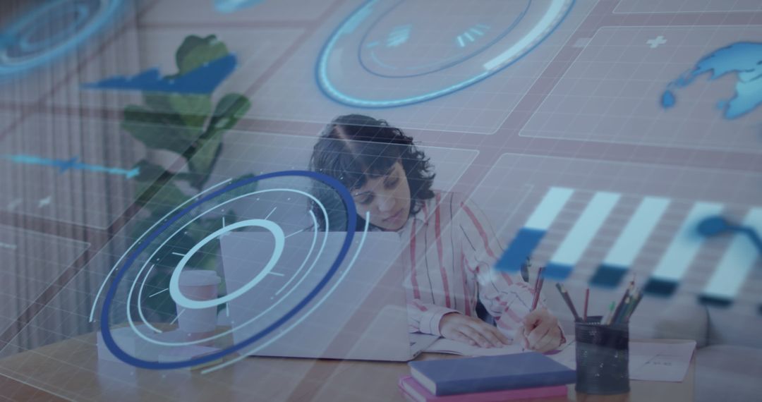 Woman Freelancer Analyzing Data With Tablet Interface Overlay