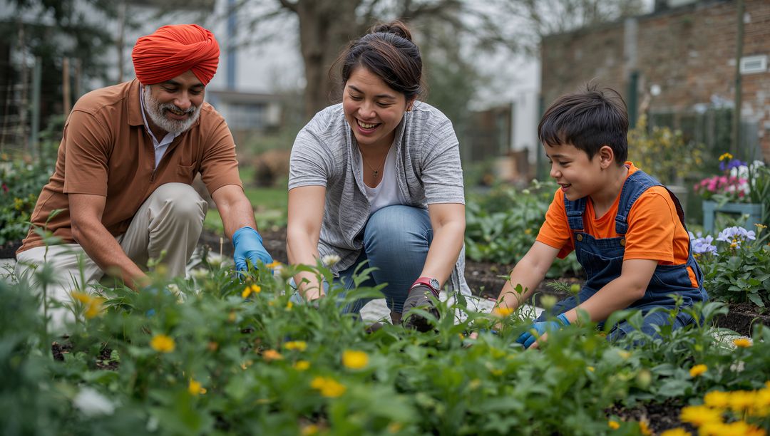 Multigenerational Family Gardening Joyfully With Yellow Blooms